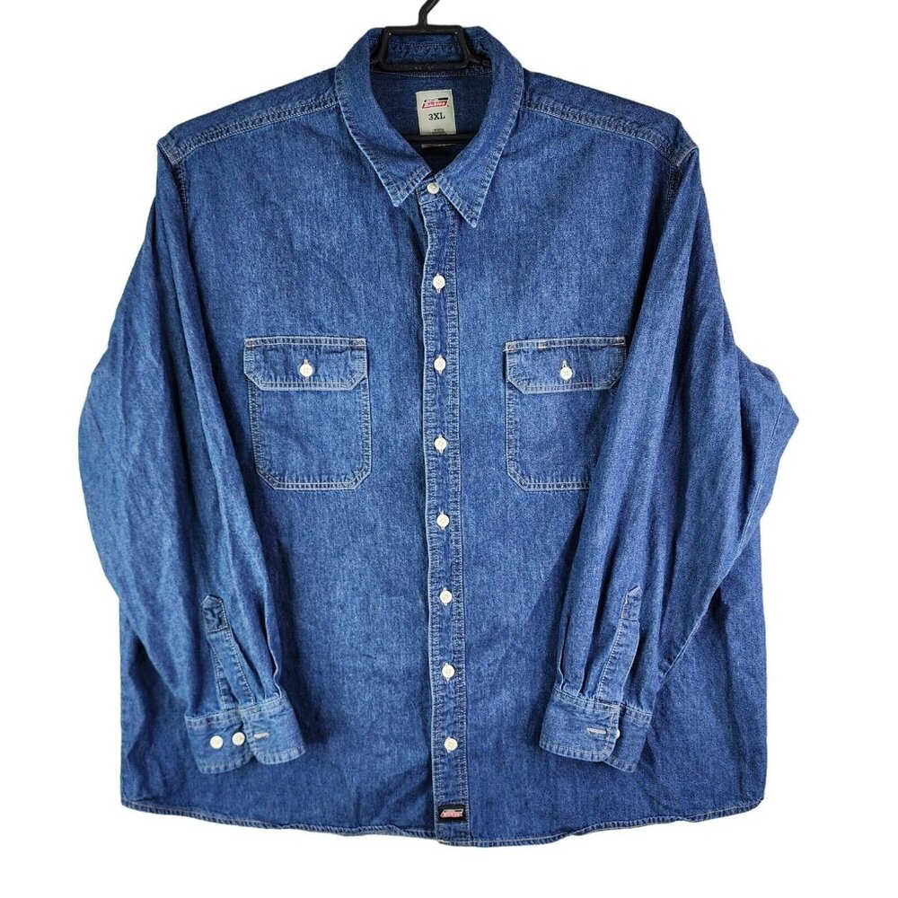 Mens Dickies Blue Denim Jean Jacket Button Down 100% Cotton Long Sleeve Size 3XL - Picture 1 of 11